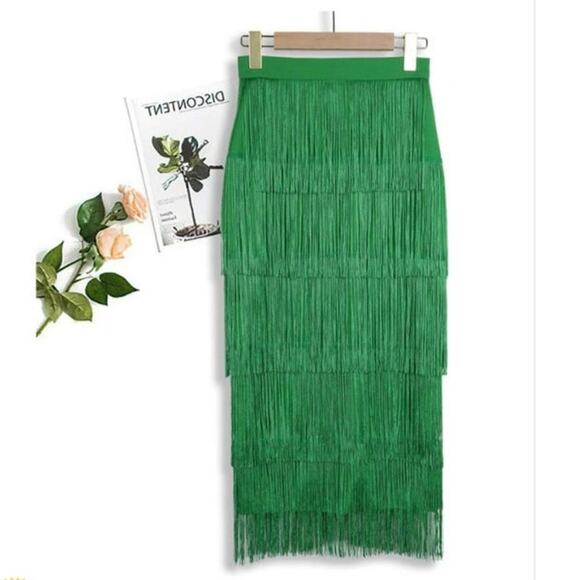 AOMEI NWT High Waist Fringe Tiered Bodycon Pencil Midi Skirt Medium/Large Green - Picture 2 of 16